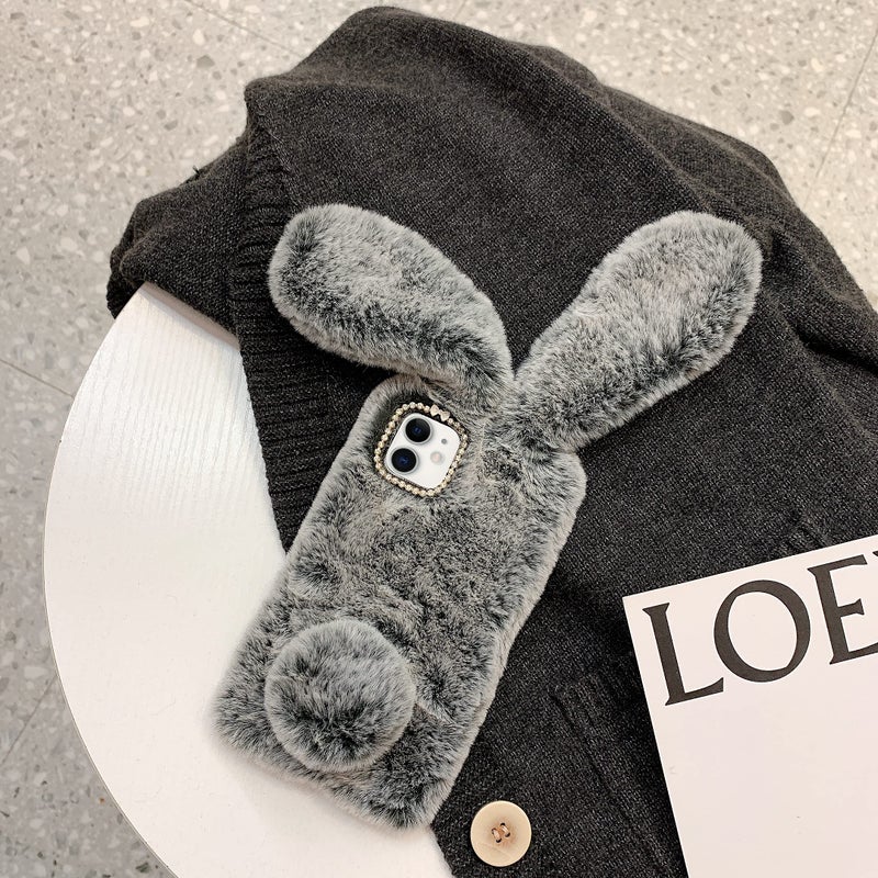 Omio for iPhone 11 Rabbit Faux Fur Case, Soft Handmade Fluffy Furry Cute Bunny Plush Rabbit Warm Big Ear Bling Crystal Rhinestone Bowknot Ultra Thin Cover for Women Girls Dark Gray - Image 3
